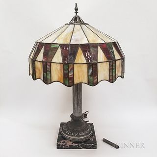 Silvered Metal Columnar Table Lamp with Handel Slag Glass Shade