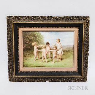 Framed Hand-painted Porcelain Plaque of Dancing Children