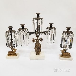 Three-piece Gilt Brass and Glass Prism Girandole Set