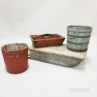 Two Painted Buckets, a Tool Caddy, and a Sled