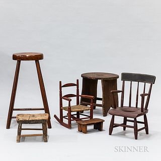 Tall Splay-leg Stool, a Child's Potty Chair, a Red-painted Child's Rocker, and Three Other Stools.