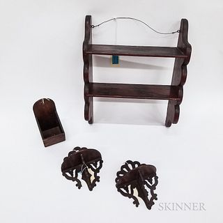 Small Carved Pine Two-tier Wall Shelf, a Pine Wall Box, and a Pair of Carved Walnut Brackets