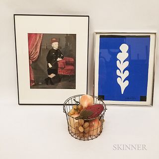 Framed Print After Matisse, an Accented Photograph of a Child, and a Wire Basket with Fruit.