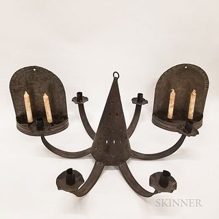 Pair of Two-candle Tin Sconces and a Six-light Tin Chandelier