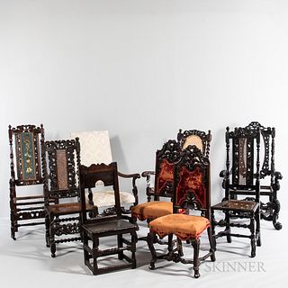Nine English Baroque-style Carved Oak and Walnut Chairs