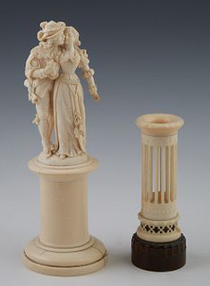 Two Pieces of Carved Ivory, 19th c., consisting of a European figural group of a courting couple, on a stepped ivory plinth; the second a reticulated 