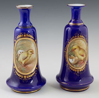 Pair of Blue Cased Glass Enameled Baluster Vases, 19th c., with gilt decoration and reserves of baby chicks, H.- 8 1/8 in., Dia.- 4 in.