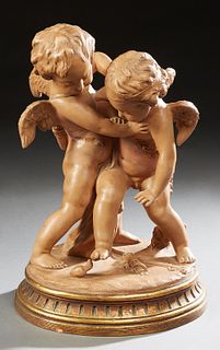 After Etienne Falconet 1716-1791, French), "Deux Amours," 19th c., terracotta figure, on an integral circular reeded plinth, H.- 18 1/2 in., Dia.- 13 