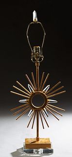 Contemporary Gilt Iron and Crystal "Starburst" Lamp, 20th c, the iron rods separated by six crystal points, on an integral iron base on a lucite plint