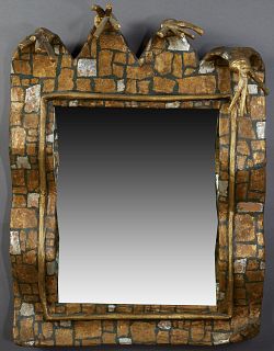Unusual Contemporary Papier Mache Mirror, 20th c., the overhanging crown with four 4 finger "hands," over a rectangular plate within undulating sides,