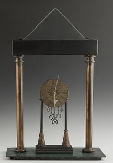 Art Deco Style Iron And Glass Portico Clock/Lamp, 20th c., with a peaked crystal surmount over an iron lintel containing two lights, on brass supports