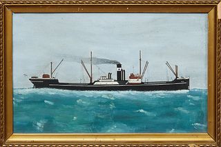 American School "The Steamer Trito on the Water," 20th c., oil on paper, unsigned presented in a carve giltwood frame, H.- 6 7/8 in., W.- 11 1/4 in.