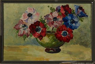 C.H. Schaap (Dutch), "Still Life of Flowers in a Green Bowl," 1930, oil on panel, signed and dated right center, presented in a thin polychromed gesso