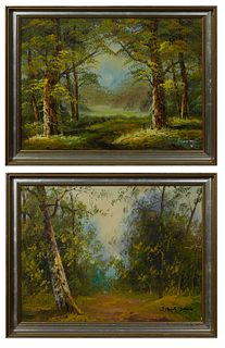 Two Oils on Canvas, 20th c., consisting of Robert Davis, "Clearing in the Woods," signed lower right and Benny C., "View Through the Trees," signed lo