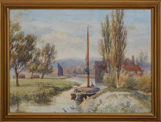 Continental School, "River Scene with Sailboat," 20th c., watercolor, presented in a gilt frame, H.- 11 3/8 in., W.- 15 1/4 in.
