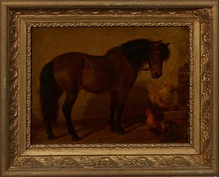 W. Hebborn, "Farmyard Scene with Horse and Chickens," late 19th c., oil on board, signed lower right, presented in a gilt and gesso frame, H.- 8 3/4 i
