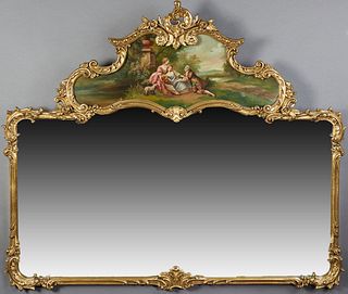 Louis XV Style Gilt and Gesso Over Mantel Mirror, 20th c., in a Trumeau style, the arched center with a painted cartouche of a gentleman and ladies an