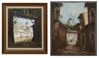 E. Perez, "Figure on the Road by a Village, 20th c., oil on canvas, signed lower left, presented in a gilt frame with a linen liner; together with "Vi