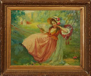 Jean Lefort (1948-, French), "Girl in a Pink Dress on a Hammock," 20th c., oil on panel, signed lower right, presented in a gilt and gesso frame, H.- 