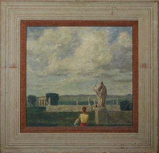 Walter Charles Klett (1897-1966), "Environs of Rome," 20th c., oil on masonite, signed lower right, titled verso, presented in a wide polychromed reed