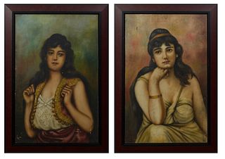 Continental School, "Dark Haired Beauties," 20th c., pair of oils on canvas, presented in polychromed and ebonized frames, H.- 27 in., W.- 17 1/2 in. 