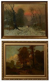 Masoli, "Figures on a Snowy Road," and "Figures in the Autumn Woods," pair of oils on panel, presented in gilt and gesso frames, H.- 15 1/8 ln., w.- 2