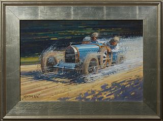 Willem Heytman (Active 1950, Dutch), "1932 Bugatti 35b at Speed," 20th c., oil on canvas, signed lower left, presented in a wide gilt frame, H.- 15 in