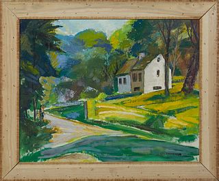 Leslie Henderson (1895-1988, Philadelphia), "Rittenhouse Birthplace," 20th c., oil on board, signed lower right, titled verso, presented in a whitewas