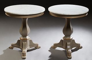 Pair of Louis Philippe Style Polychromed Carved Mahogany Marble Top Lamp Tables, 21st c., the circular white marble tops on hexagonal tapered baluster