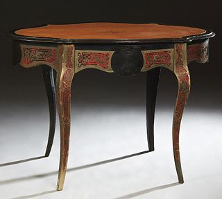 French Ebonized Boulle Brass Inlaid Writing Table, c. 1870, the ebonized tortoise top with an inset gilt tooled leather writing surface over a wide sk