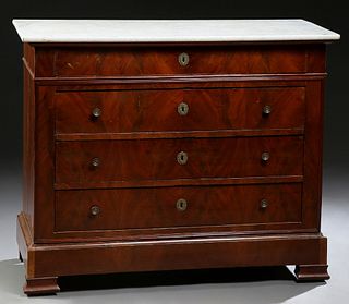 French Louis Philippe Style Carved Mahogany Marble Top Commode, 19th c., the rounded edge white marble over a frieze drawer, three graduated lower dra