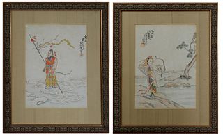 Chinese School, "Warrior on the Water," and "The Woman Archer," early 20th c., pair of watercolors on silk, presented in gilt and polychromed relief f