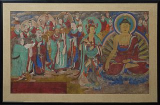 Chinese School, "Members of the Imperial Court and Buddha," 19th c., watercolor on silk, presented in an ebonized frame with a wide burlap mat, H.- 37