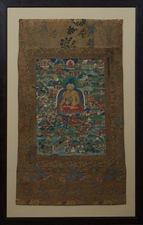 Large Chinese Thangka, 18th c., watercolor on silk, depicting a seated Buddha in a landscape, presented in a mahogany frame, H.- 48 in., W.- 27 in. Pr