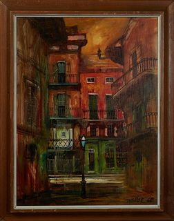 M. Dell Weller (1927-2017, New Orleans), "French Quarter Street Scene," 1966, oil on masonite, presented in a mahogany frame, H.- 23 3/8 in., W.- 17 1