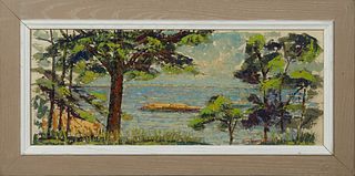 Lawrence Christie Edwardson (1904-1995, Louisiana), "Lake Scene," 20th c., oil on board, signed lower right, presented in a polychromed oak frame, H.-