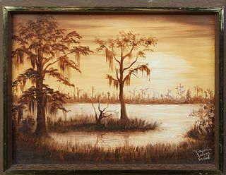 Virginia Quave Erchul (Louisiana), "Sunset Swamp Scene," oil on masonite, signed lower right, presented in a gilt and mahogany frame, H.- 8 7/8 in., W
