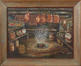 Rhoda Brady Stokes (1901-1988, Louisiana), "The Smokehouse," 1966, oil on board, titled lower center, signed and dated lower right, presented in a gre