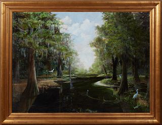 Mary Helen Seago (Louisiana), "Swamp Scene with Herons and Alligator," 20th c. oil on canvas, signed lower right, presented in a wide gilt frame, H.- 