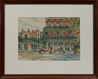 Johnny Donnels (1954-2009, New Orleans), "Pontalba Apartments," 20th c., watercolor, signed lower left, presented in a mahogany frame, H.- 9 3/4 in., 