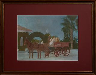 New Orleans School, "Vegetable Cart," the side painted with "M. Caluda, Metairie," 20th c., watercolor, presented in a burnished gilt frame with a mag