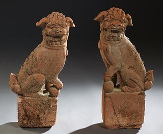 Pair of Chinese Terracotta Foo Dogs, 19th c., on integral square plinths, H.- 31 in., W.- 14 in., D.- 18 in. Provenance: The Estate of Paul Blaum, Cov
