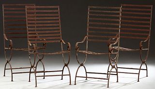 Set of Four Cast Iron Highback Garden Chairs, 21st c., the horizontal slatted backs over iron strapwork seats flanked by scrolled arms, H.- 44 1/4 in.