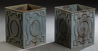 Pair of Heavy Zinc Jardinieres, 21st c., of rectangular form, the sides with relief geometric decoration, H.- 19 1/2 in., W.- 15 3/4 in., D.- 15 3/4 i