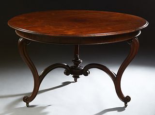 American Carved Rosewood Circular Center Table, 19thc., the stepped edge top over a wide skirt, on tripodal cabriole legs with scrolled toes, joined b