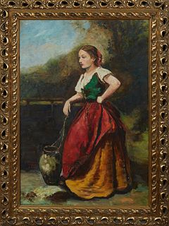 J. Decudder, "Jeune Femme a La Fontaine," 20th c., after the original by Camille Corot (1796-1875), oil on canvas, signed lower left, presented in a g
