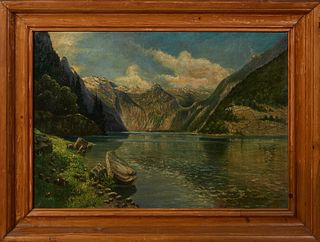 Carl Friedrich A. Lorentzen (1801-1880, German), "Alpine Lake Landscape," 19th c, oil on canvas, signed lower right "A. Lorentzen," , presented in a w