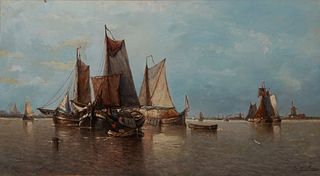 Auguste Henri Musin (1852-1923, Belgian), "Harbor Scene with Sailboats," 19th c., oil on canvas, signed lower right, presented in a wide gilt frame, H