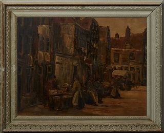 Louis Van Der Pol (1896-1982, Dutch), "Street Market Scene," late 19th c., oil on panel, signed lower left, presented in a wide polychromed gesso fram