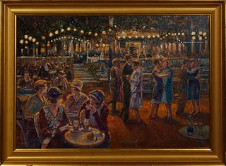 Pierre Guillaume (1954-, Dutch), "Dancing Under the Lights," 20th c., oil on canvas, signed lower right, presented in a wide gilt frame, H.- 24 in., W